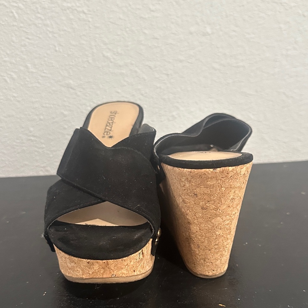 Shoe Dazzle Black Cork Wedge Slide Sandals with Stud Accents - Picture 3 of 8
